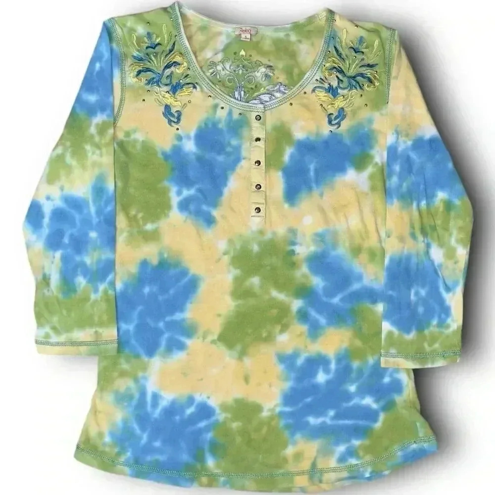 Vintage Tie-Dye Henley Top‎ Floral Embroidered S Bling Studded 3/4 Sleeve Shirt